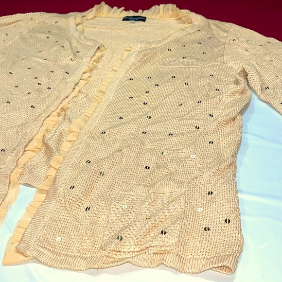 Colleen Lopez BEIGE tan shiny knit hook Cardigan sweater ruffles 3/4 sleeves 3X - Picture 7 of 15